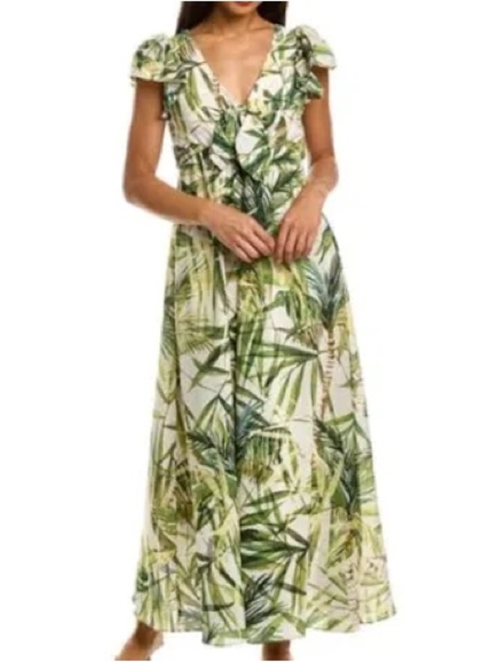 Taylor Green Tropical Leaf-Print V-Neck Maxi Dress